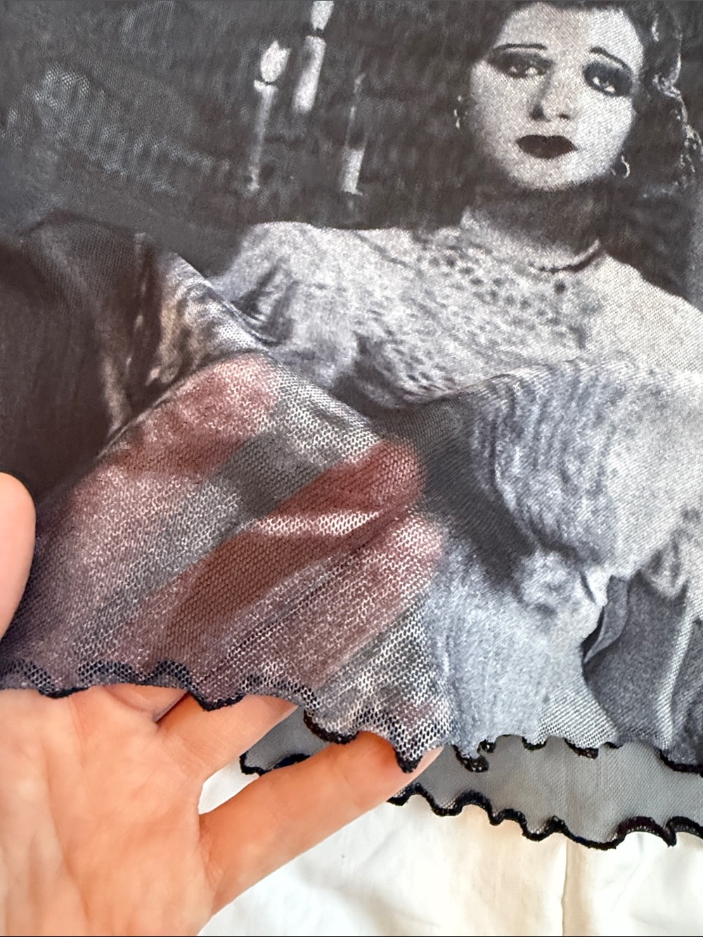 Black Mesh Graphic Crop Top with Vintage Portrait - Picture 10 of 10